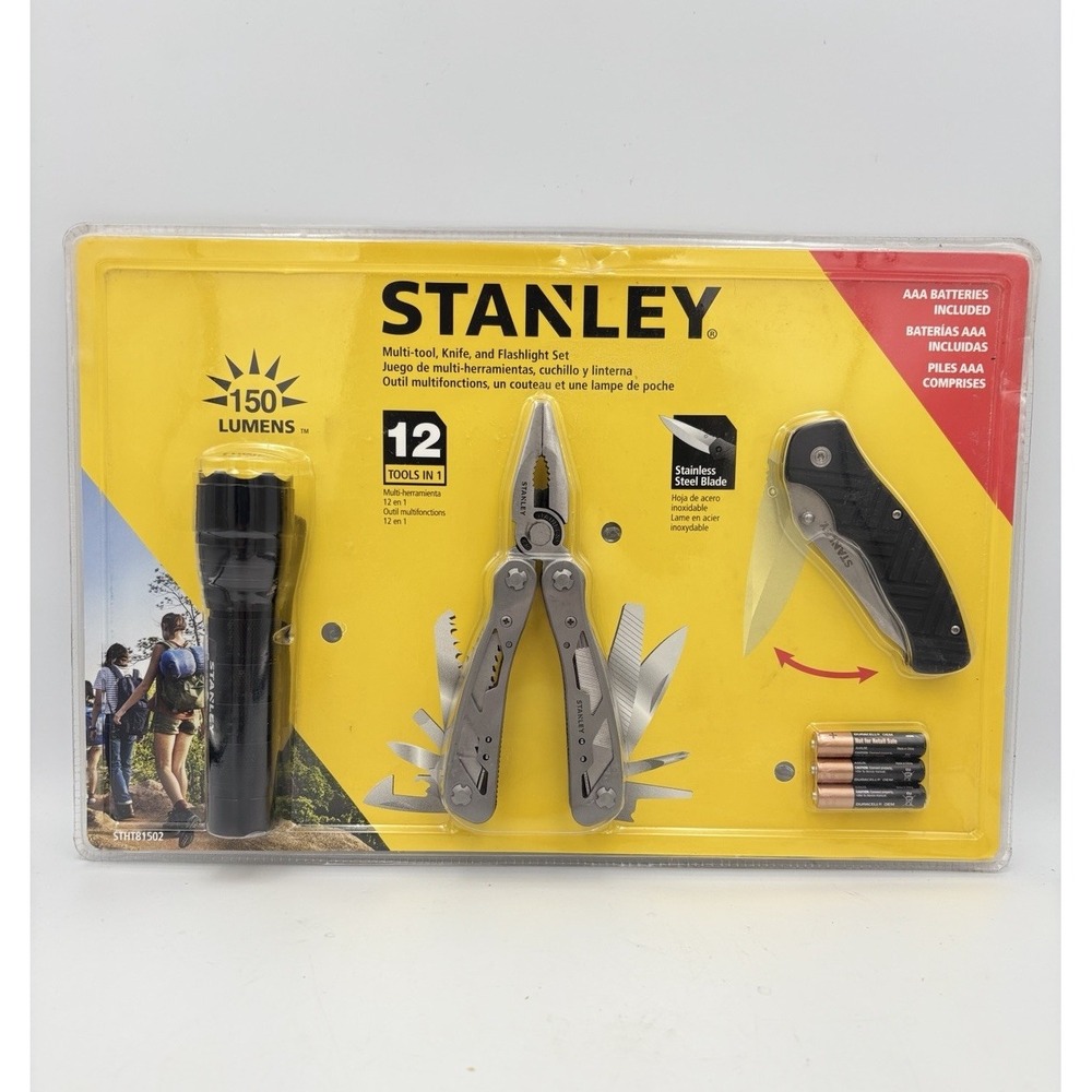 Stanley 3 Piece Set 12-In-1 Multi-Tool, Knife, Flashlight W/ Batteries Sealed